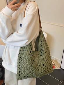 Dedoo 春夏时尚大容量度假风镂空草编手提包，波西米亚风编织单肩包，休闲复古浪漫风三色交织斜纹几何图案，视觉层次丰富，明亮柔和，适合旅行、海滩、夏季郊游、购物、送礼。 - 綠色 - 查看 3