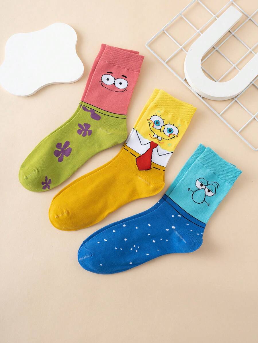 SPONGEBOB 3 Pairs Unisex Funny Personalized Cartoon Cute Multi-Color Jacquard Spongebob Pattern Mid-Calf Socks, Sports Style, All Season, EU Size, Comfortable Breathable Durable, Vibrant Colors, Suitable For Daily Wear, High-Quality Fabric, Non-Sweating