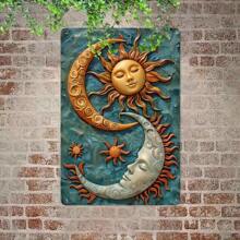 2D-Flachbild, 1 Stück, Sonne und Mond, himmlische Eisenwandkunst – 8x12 Inch Metallschild-Dekor, Retro-Sprühfarben-Stil – für Outdoor, Garten, Männerhöhle, Bar, Club, Garage – Hochwertiges Eisendekorstück mit feinem Muster – perfektes Geschenk für Heimdekor-Enthusiasten