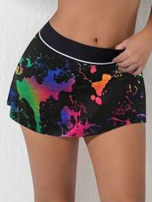 Tie Dye Contrast Hemmed Accessible Sports Culottes - Black - View 6