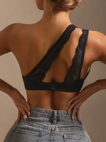 1pc Women Solid Color Lace Trim Padded Shoulder Strap Comfortable Bra