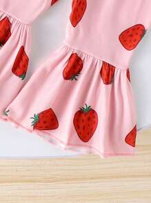 2pcs Cute & Comfortable Baby/Toddler Girls Sleeveless Off-Shoulder Romper + Strawberry Print Pants Outfit, Thin, Spring/Summer