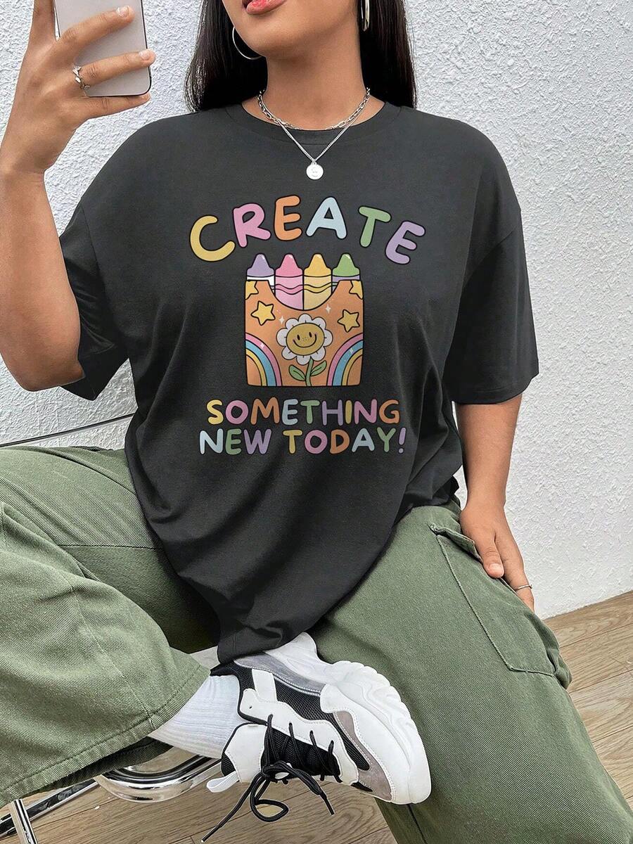 Oversized Style For Women, Cute 90s Aesthetic Crayon Graphic T-Shirt, Art Teacher Gift, Create Something New, Oversize Type Shirt For Women, Perfect For Holiday Parties Or Gift Giving, Soft And Comfortable - Màu xám đen - Xem 1