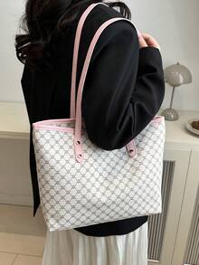 新款复古印花女士手提包，大容量超轻铆钉装饰，适合通勤、购物、办公室、大学 - 粉色 - 查看 5