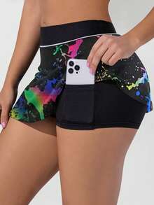 Tie Dye Contrast Hemmed Accessible Sports Culottes - Black - View 4