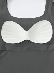 1pc Gray Deep U-Back Removable Padded Fitted Casual Camisole Top, Workout - Dark Grey - View 5