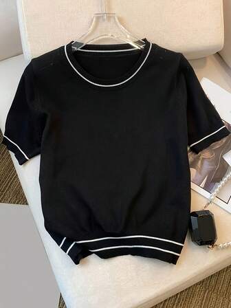 New Style Knitted Casual Colorblock Round Neck Short Sleeve Top, Flattering Loose Cropped