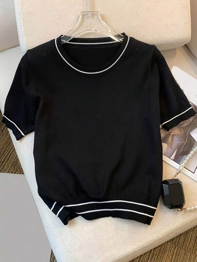 New Style Knitted Casual Colorblock Round Neck Short Sleeve Top, Flattering Loose Cropped
