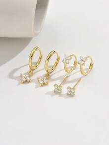 3 Pairs (6pcs) Delicate, Elegant, Slender Four-Leaf Clover Pendant Hoop Earring Set, Women's Jewelry Accessories, Gift For Her - Gold - View 4