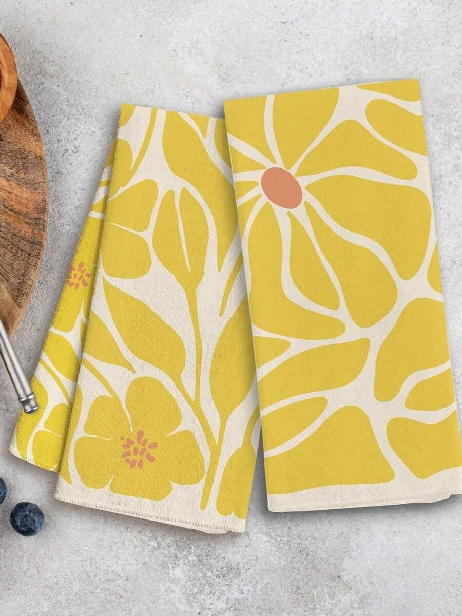 2 Pcs Boho Floral Kitchen Towels, Set Of 2 - Floral Hand Towels Dish Towels, Decorative Kitchen Towels, 16*24 In - 芥末黃 - 查看 1
