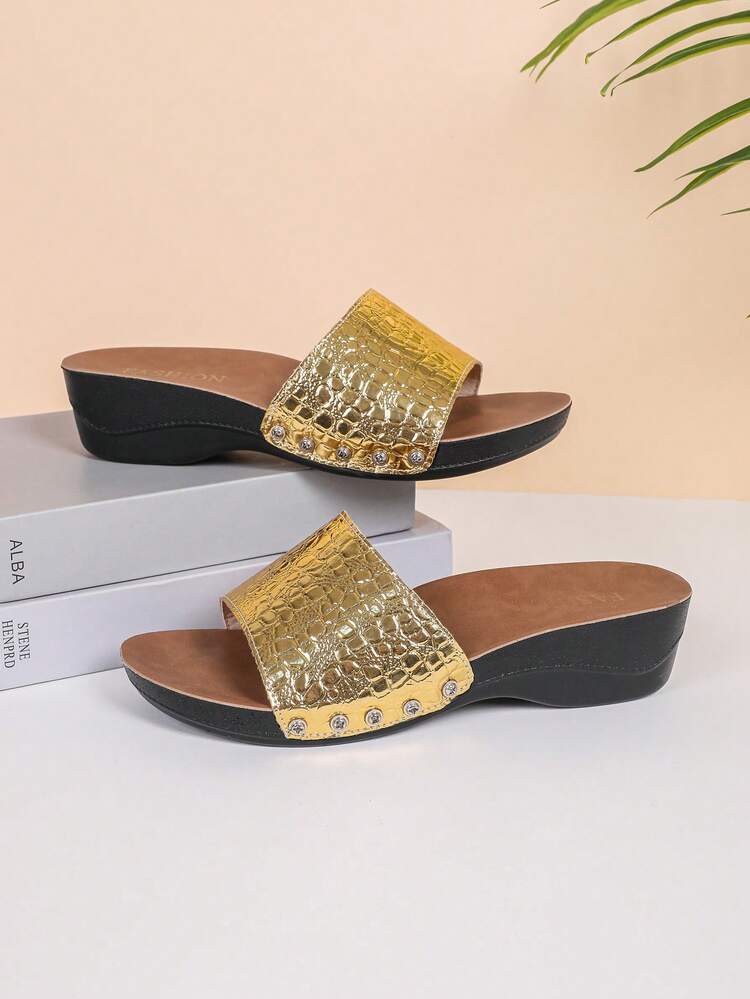 2025 Platform Thick Sole Wedge Slippers, Women's Strap Slide Sandals, Versatile Summer Shoes, Run Large Size - Gold - View 7