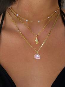 3pcs European Style Multi-Layer Faux Pearl & Shell Pendant Necklace, Bohemian Metal Snake Chain Necklace For Women, Versatile Layered Choker Necklace Suitable For Beach And Vacation Wear