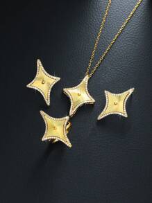 4pcs Elegant 18K Gold Plated Four-Pointed Star Jewelry Set For Women, Including Stud Earrings, Ring And Choker Necklace, Copper Base, Fashionable Jewelry For Women, Ideal For Daily Wear & Gifting, Perfect For Valentine'S Day