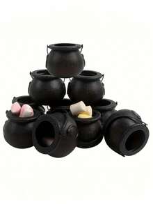 12Pcs Halloween Black Cauldrons Mini Witch Bucket Candy Bucket Kettle With Handle Candy Holder Pot, Witch-Themed Party Decorations, Lightweight Portable Candy Container, Reusable Trick-Or-Treat Candy Holder, Black Plastic Witch Kettle Decor For Halloween Party Decor Home Decor Halloween Decor Fall Decor Room Decor, Plastic Witch And Pumpkin Bucket Props With Snap Closure - Multicolor - View 6