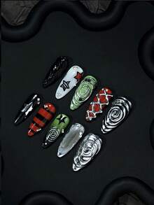 Ten-Piece Set Of Luxurious And Noble Pure Handmade Nail Art, Summer, Long Pointed Style, Press-On False Nails, Nails, Retro Handmade Nails, Reusable Nails, Y2K French Manicure, Suitable For Ladies And Girls To Wear Every Day At Parties Nail Supplies Nails - Multicolor - View 8
