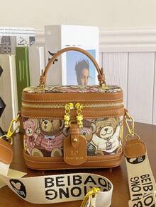Fashionable PU Leather Handbag, Cute Cartoon Bear Print Bucket Bag, With Adjustable Strap, Casual  Versatile High-Quality Daily Commuting Bag, Unique Bags, Shoulder Bags - 藍色 - 查看 8