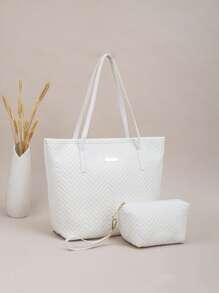 2 piezas Bolsa de tela acolchada con patrón de ola de gran capacidad, bolso de hombro de estilo vintage geométrico, bolsa de compras con monedero para mujeres