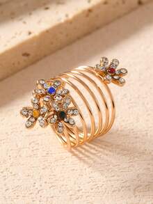 1 pieza Anillo chapado en oro con diseño de flor hueca de estilo chino vintage, diseño único, anillo abierto versátil y lujoso (color del cristal aleatorio) - Amarillo Oro - Ver 2