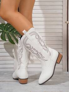 新款女士刺绣白色皮革西部靴，尖头粗跟过膝长靴，户外休闲时尚靴 - 白色 - 查看 7