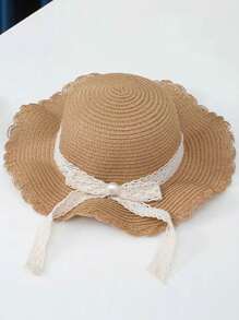 1 pieza Sombrero de paja con decoración de cintas y perlas, estilo princesa adecuado para la playa, exteriores y uso diario