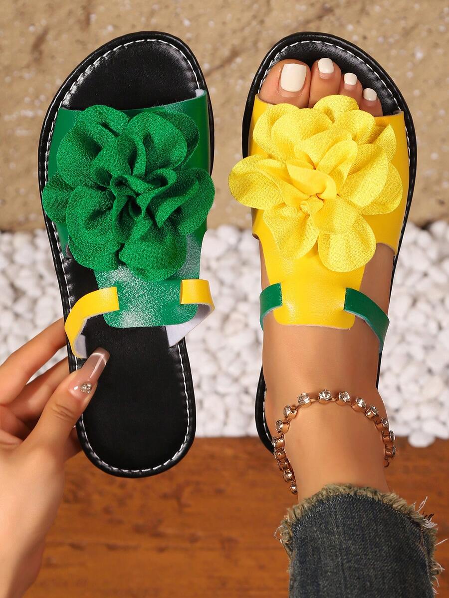 Women's Fashion Casual Contrast Color Rhinestone Embellished Outdoor Sandals, Ladies Beach Thong Slippers - Yellow-green - View 1