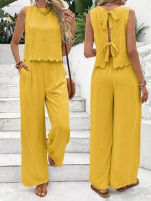 Women'S Summer Sleeveless Strapless Tie-Front Pants - Stylish Navy Blue Wide-Leg Trousers With Ruffled Hem, Perfect For Casual Or Dressy Outfits, Casual Attire|Ruffled Hem Pants|Polyester - Màu vàng - Xem 1