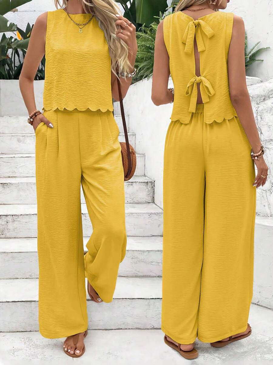 Women'S Summer Sleeveless Strapless Tie-Front Pants - Stylish Navy Blue Wide-Leg Trousers With Ruffled Hem, Perfect For Casual Or Dressy Outfits, Casual Attire|Ruffled Hem Pants|Polyester - Màu vàng - Xem 1