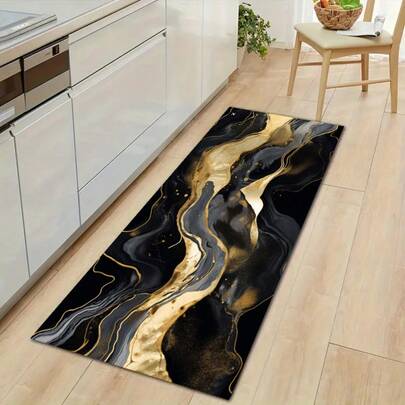 1 szt. Złoty marmurowy wzór dywanik kuchenny - zmywalny, antypoślizgowy, poliester, podkład z PVC, dekoracyjna mata podłogowa odpowiednia do domu, łazienki, sypialni - czarno-złota, do kuchni, salonu, wejścia, balkonu, wystroju domu, odporna na plamy, kawiarni, baru, świąt, imprezy, prezentów świątecznych, mata do sypialni, wystrój łazienki, wystrój pokoju, wystrój kuchni
