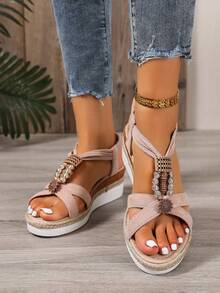 复古女士坡跟厚底凉鞋，5.5厘米鞋跟，波西米亚风格黑色串珠绳底，2025年夏季海滩度假