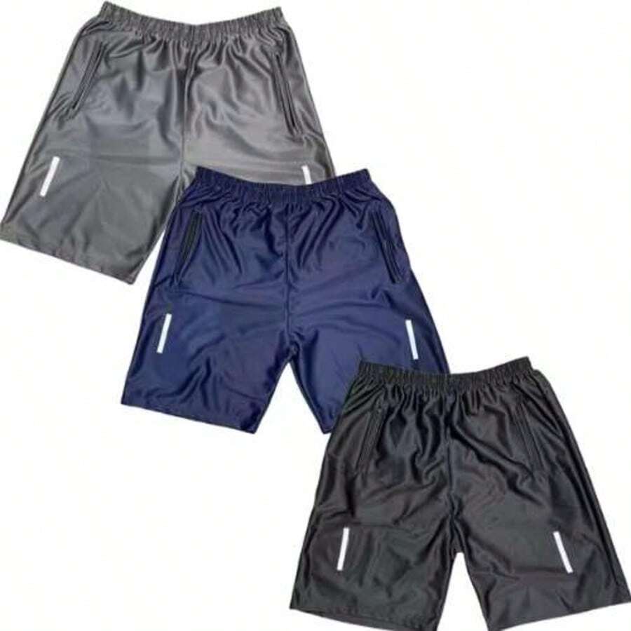 W-Kit 3 Shorts Bermuda Dry Fit Esportiva Treino Com Ziper no Bolso - CINZA/MARINHO/PRETO - Visão 1