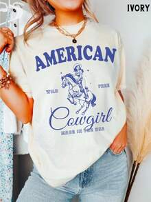 Womens 4th Of July Tee, , American Cowgirl America USA Country Western Cowboy Wild Free Patriotic Shirt, Gift For Her - 白色 - 查看 1