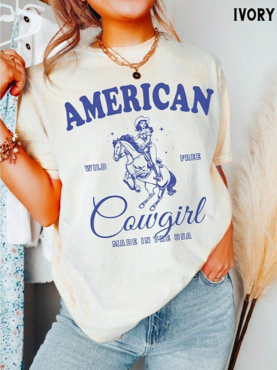 Womens 4th Of July Tee, , American Cowgirl America USA Country Western Cowboy Wild Free Patriotic Shirt, Gift For Her - 白色 - 查看 1