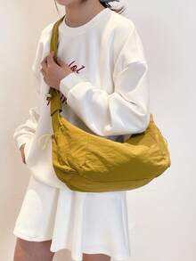 ROMWE Grunge Punk 1 件尼龙多口袋褶皱抽绳斜挎包/单肩包，适合女士，休闲柔软，休闲百搭流浪包 - 芥末黃 - 查看 2