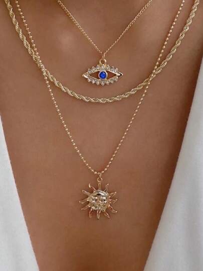 1 件朋克风格恶魔眼与太阳吊坠多层合金项链，适合女士，适合派对、礼物和日常佩戴