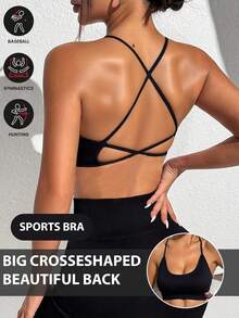 女士运动文胸，带可拆卸胸垫，提胸钢圈支撑，肩带可无限调节，透气交叉肩带设计，适合瑜伽、跑步、健身房运动，优雅纯色瑜伽配饰，时尚运动背心，黑色，春季款 - 黑色 - 查看 1