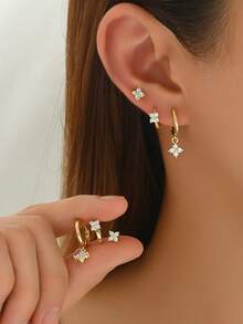 3 Pairs (6pcs) Delicate, Elegant, Slender Four-Leaf Clover Pendant Hoop Earring Set, Women's Jewelry Accessories, Gift For Her - Gold - View 6
