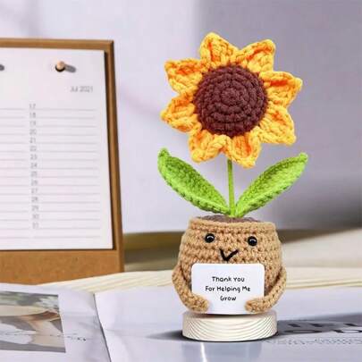 Gossby's Handmade Crocheted Sunflower Doll With Thank You Card - "Thank You For Helping Me Grow" - Perfect Gift For Teachers, Christmas, Birthday, Graduation (Amigurumi Craft, Excluding Base)