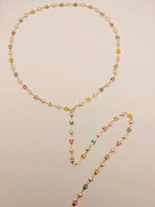 1 pezzo nuovo collana a Y in stile boho con farfalla e perla, colore oro/argento, adatto per festa, gala, decorazione vacanze, estate, spiaggia, colore strass casuale
