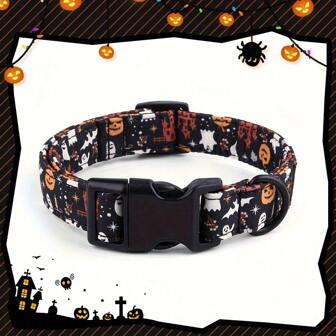 1 件万圣节黑色城堡和万圣节小南瓜狗项圈 - 柔软舒适的软项圈，可调节长度，万圣节主题城堡、南瓜、幽灵等图案，适合中型犬种舒适佩戴，可调节涤纶宠物项圈，适合室内和室外使用，是送给狗狗的宠物礼物