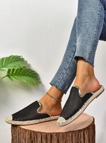 Women's Fashion Flat Woven Straw Shoes, Spring/Summer New Fisherman Shoes, Black Flat Slip-On Shoes With Rope Sole