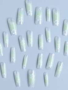 24pcs Long Square Hibiscus Flower Nails With Glitter Design French Acrylic Press On Nails Long Fit Perfectly False Nails Set ,Include: 1pc Jelly Glue And 1pc Nail File, Easy To Wear Summer Nails & French Tip Nails Art For Woman & Girl For Daily Wear And Party Use - Multicolor - View 3