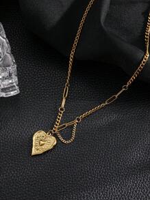 2pcs Elegant Vintage Embossed Heart Stainless Steel Women Necklace & Bracelet Jewelry Set, High Quality, Non-Fading, Non-Allergic