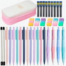Lápices mecánicos estéticos de gran capacidad para material escolar en una caja de lápices, lápices mecánicos pasteles de 0.5mm, 0.7mm, 0.9mm con tubos de minas de recambio, borradores para escribir, dibujar y hacer bocetos, artículos de papelería para volver al colegio