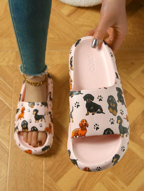 Chinelos de Verão de EVA com Estampa Fofa de Dachshund para Mulheres, Chinelos Casuais com Sola Grossa, Estilo Aberto e Desenho de Cachorro Cartunesco para Uso Interno e Externo