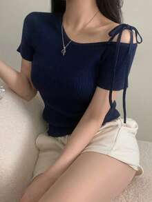 新款条纹镂空方领针织毛衣，时尚修身女士上衣，夏季 - 藏青色 - 查看 1