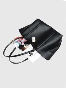 Za Home Commuter Tote Bag 2025 Summer New High-Capacity Fashion Shoulder Bag Waxed Leather Retro Portable Shopping Bag - 黑色 - 查看 8