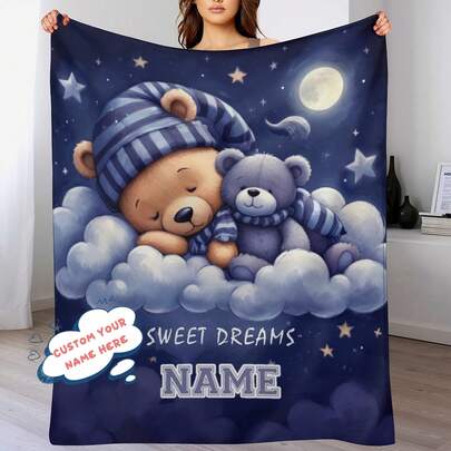 1pc Customized Bear Theme Flannel Blanket, Soft Lightweight Throw For Sofa Bed Outdoor, Personalized Birthday Gift For Family Friends, All Seasons Blanket