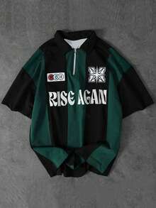 Casual Letter Print Striped Polo Shirt, Pullover Short Sleeve Men's Top, Collegiate Inspired, Suitable For Summer - Dark Green - View 1