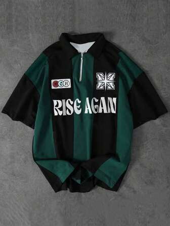 休闲字母印花条纹 Polo 衫，套头短袖男士上衣，学院风，适合夏季