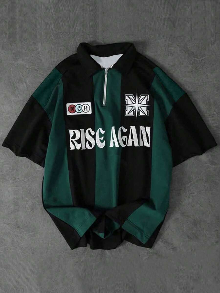 Casual Letter Print Striped Polo Shirt, Pullover Short Sleeve Men's Top, Collegiate Inspired, Suitable For Summer - Dark Green - View 1